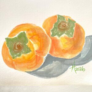 Two Persimmons Art Original Watercolor Painting 11x14in Matted Frame Ready